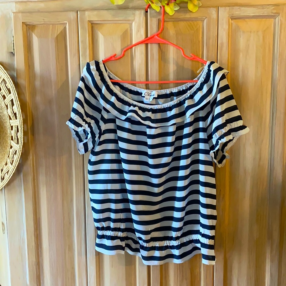 Silk blue white stripe ruffled summer top Chaus